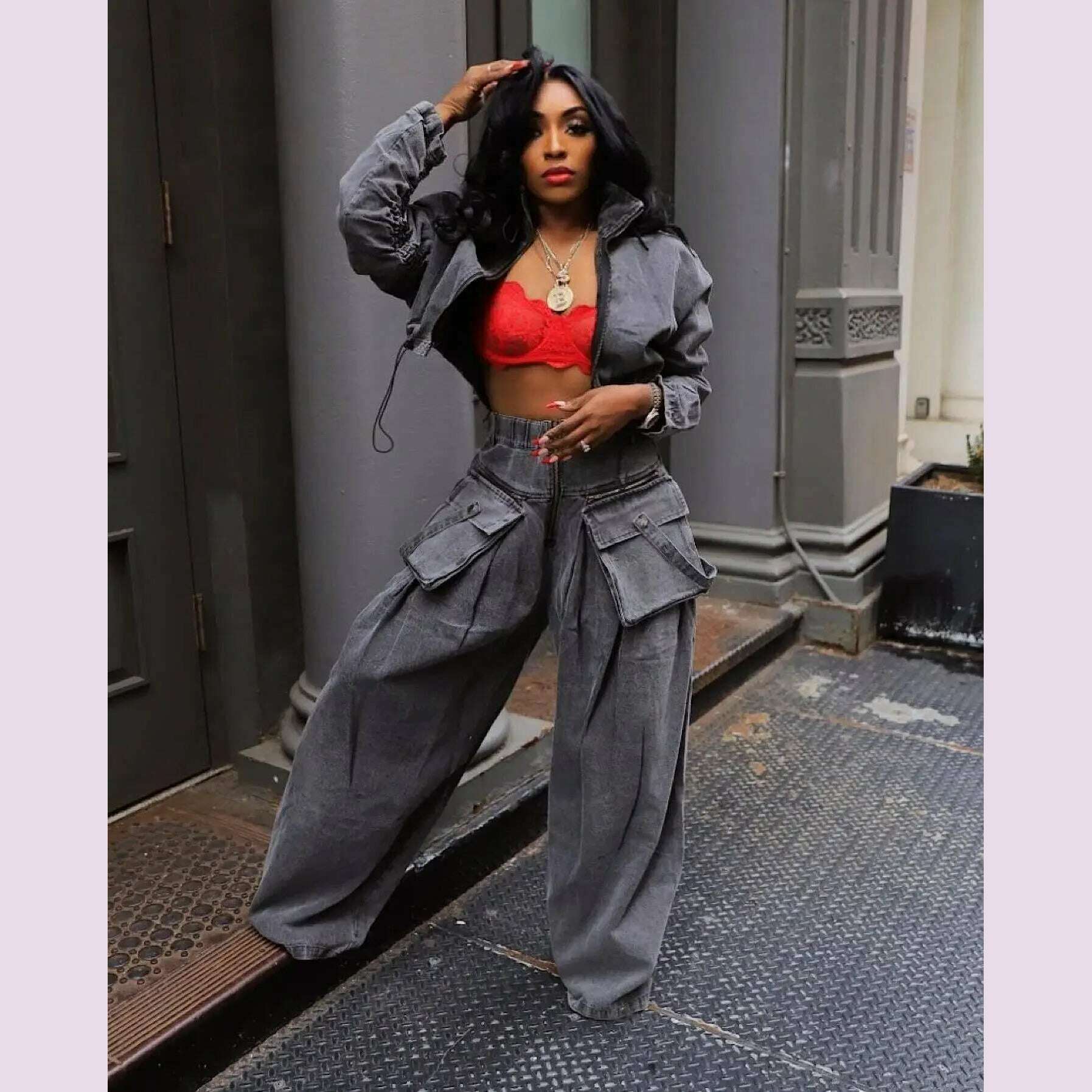 fashion retro women's casual wide leg loose heavy duty denim two-piece set for women two piece set women sexy club zevity - KIMLUD