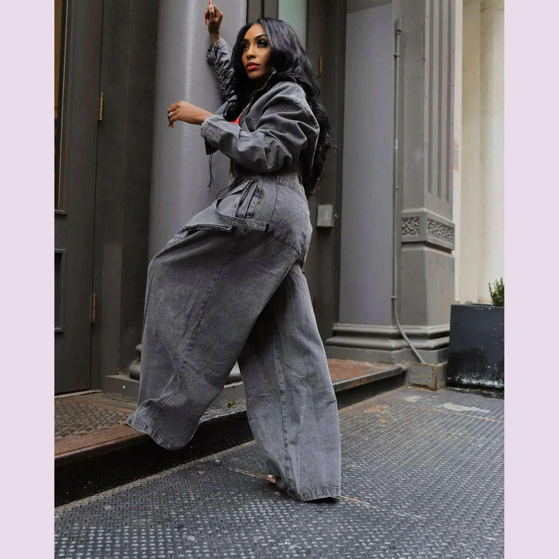 fashion retro women's casual wide leg loose heavy duty denim two-piece set for women two piece set women sexy club zevity - KIMLUD