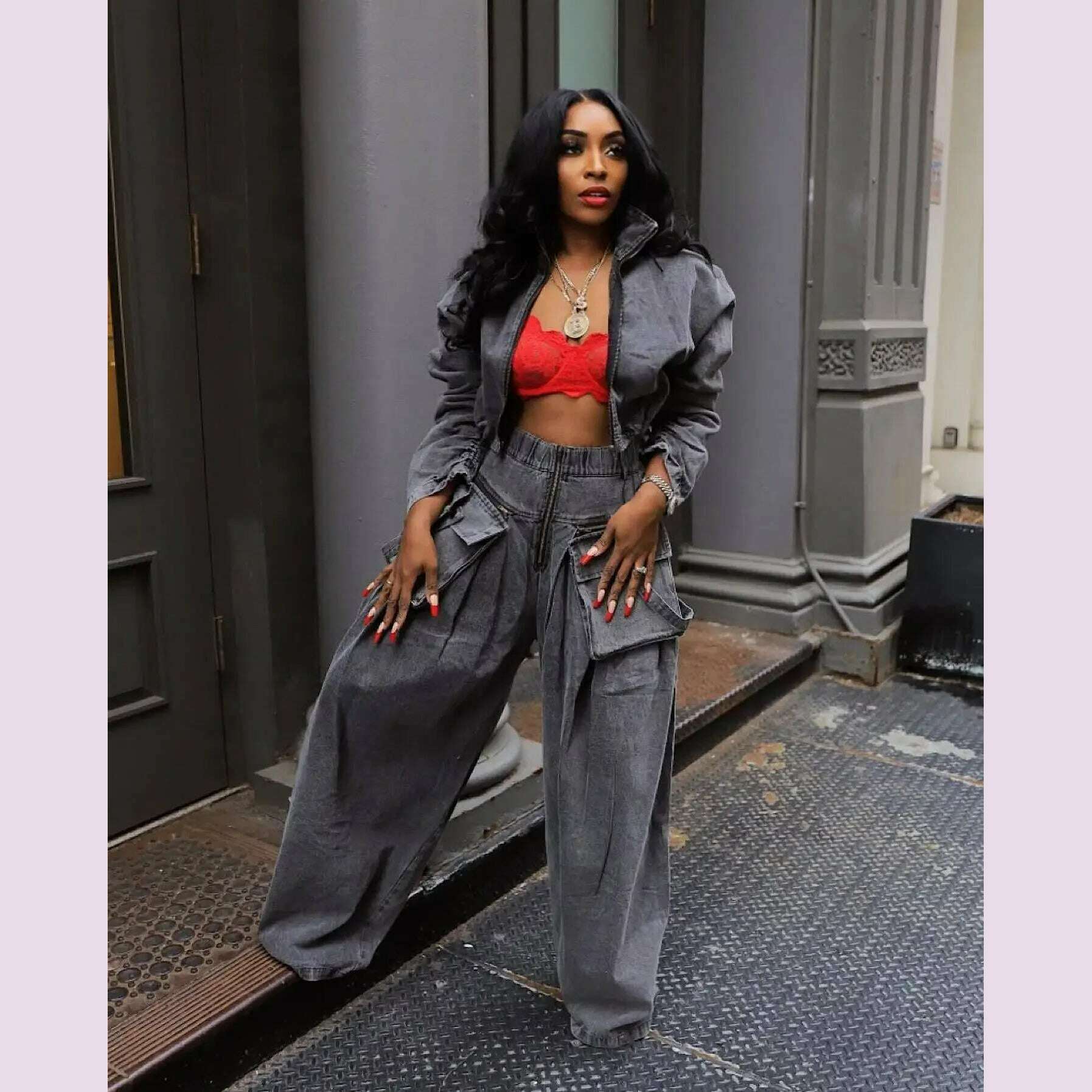 fashion retro women's casual wide leg loose heavy duty denim two-piece set for women two piece set women sexy club zevity - KIMLUD