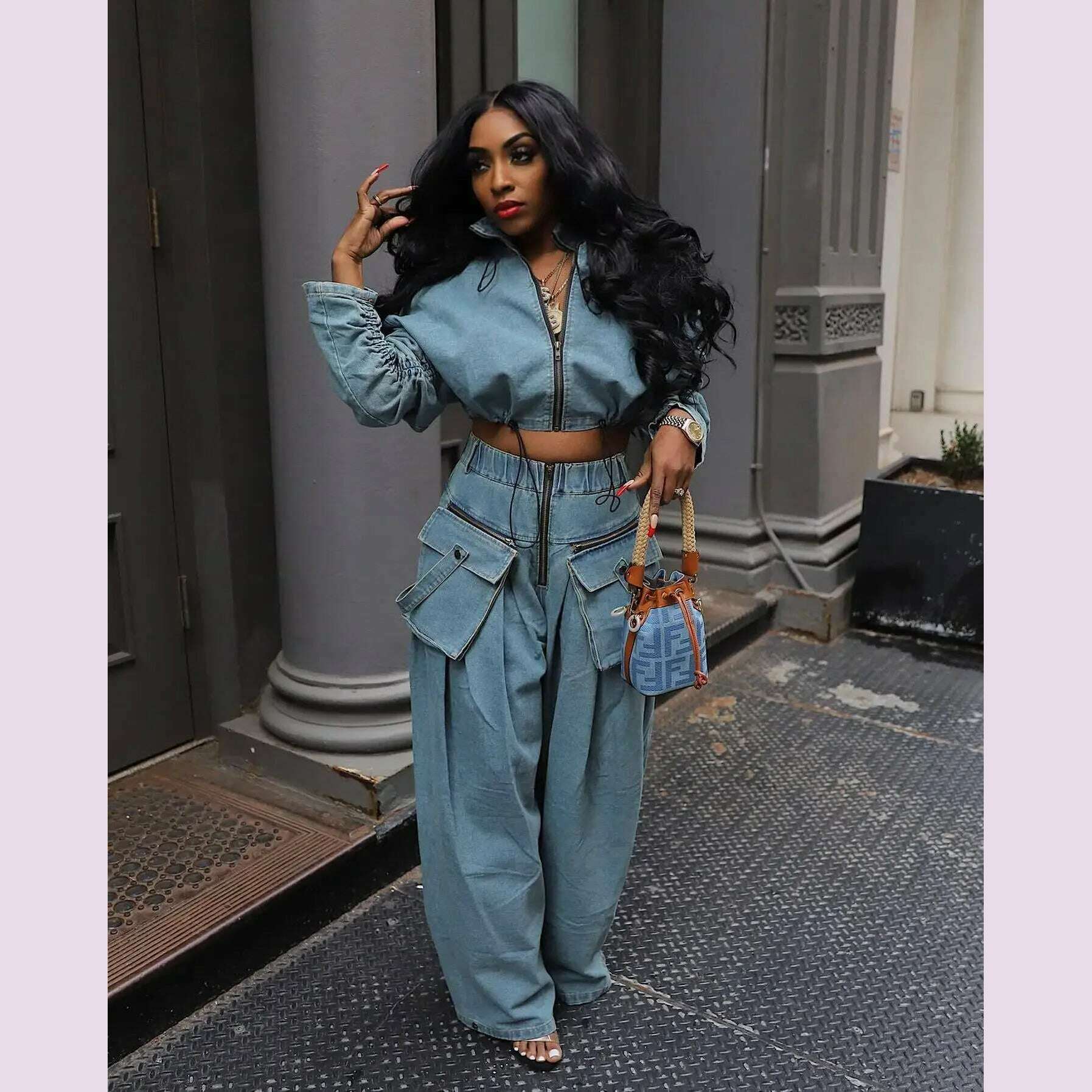 fashion retro women's casual wide leg loose heavy duty denim two-piece set for women two piece set women sexy club zevity - KIMLUD