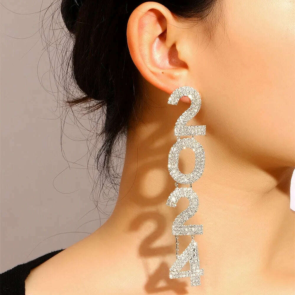 KIMLUD, Fashion Rhinestone 2024 Digital Pendant Drop Earrings Christmas Gift for Women Crystal Geometric Long Dangle Hanging Earrings, Silver, KIMLUD Womens Clothes