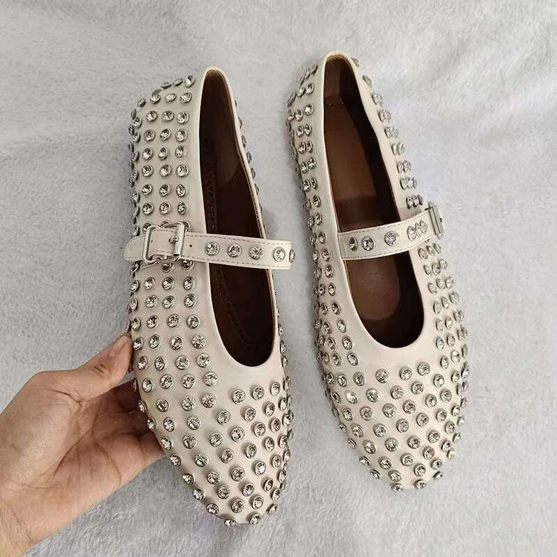 KIMLUD, Fashion rivet crystal women laofers slip on casual ballet flats, almond / 37, KIMLUD APPAREL - Womens Clothes