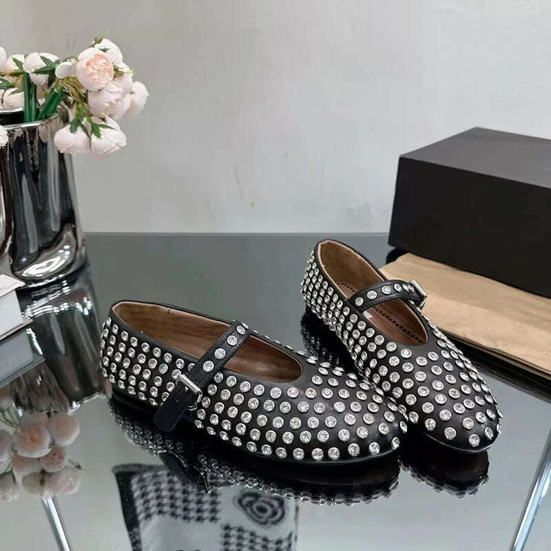 KIMLUD, Fashion rivet crystal women laofers slip on casual ballet flats, black / 36, KIMLUD APPAREL - Womens Clothes