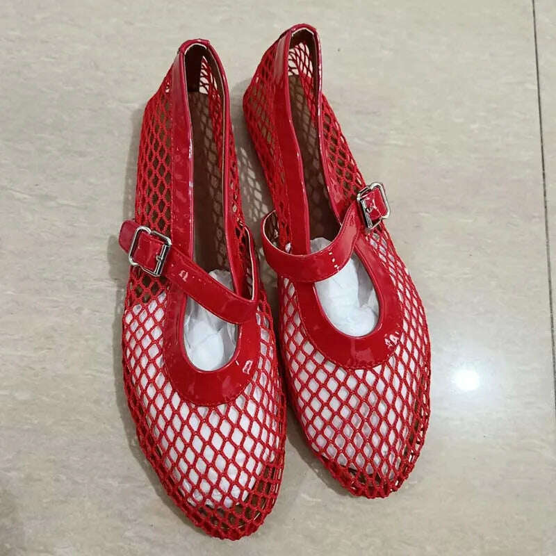 KIMLUD, Fashion rivet crystal women laofers slip on casual ballet flats, red mesh / 41, KIMLUD APPAREL - Womens Clothes