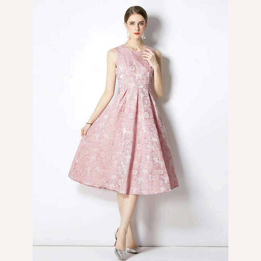 KIMLUD, Fashion Runway Women's Sleeveles Floral Jacquard Dress for Summer Party Elegant High Waist Casual Tank Robe Femme 2022 New, KIMLUD Womens Clothes