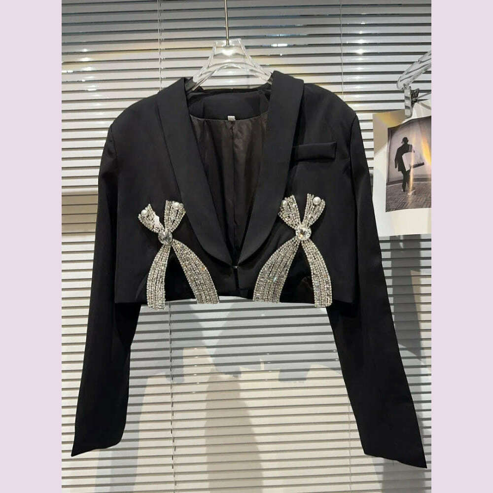 Fashion Sexy Spice Girl Suit Women's 2023 Autumn New Luxury Rhinestone Bow Blazer Coat+Short Skirt Elegant Commuter 2-Piece Set - KIMLUD