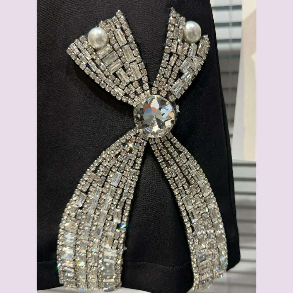 Fashion Sexy Spice Girl Suit Women's 2023 Autumn New Luxury Rhinestone Bow Blazer Coat+Short Skirt Elegant Commuter 2-Piece Set - KIMLUD