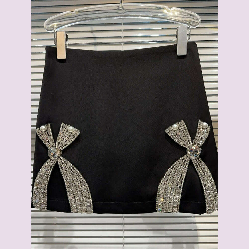 Fashion Sexy Spice Girl Suit Women's 2023 Autumn New Luxury Rhinestone Bow Blazer Coat+Short Skirt Elegant Commuter 2-Piece Set - KIMLUD