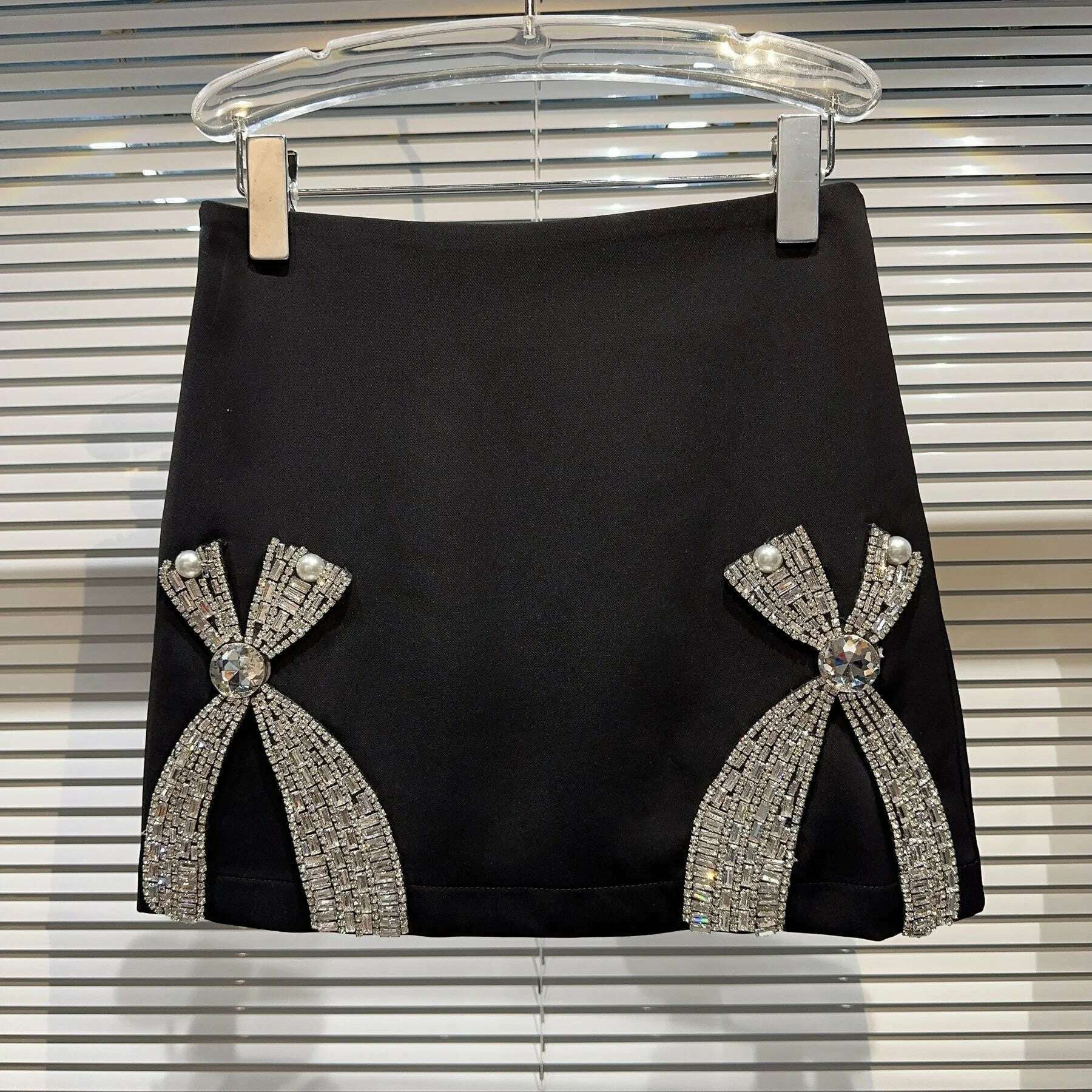 Fashion Sexy Spice Girl Suit Women's 2023 Autumn New Luxury Rhinestone Bow Blazer Coat+Short Skirt Elegant Commuter 2-Piece Set - KIMLUD