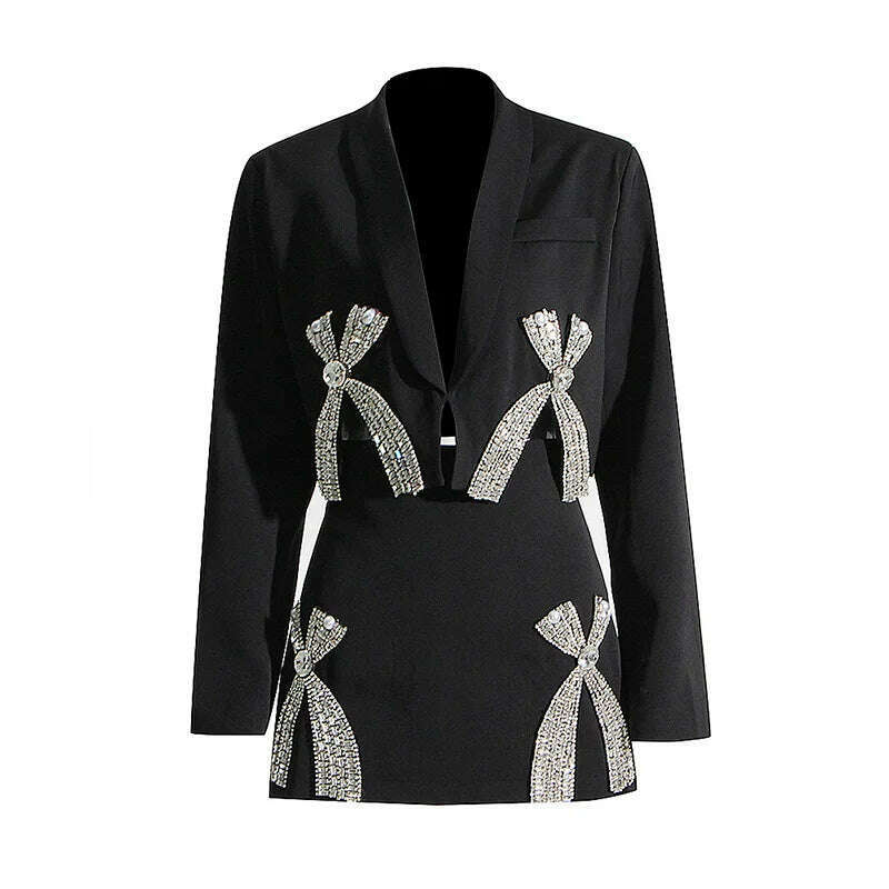 Fashion Sexy Spice Girl Suit Women's 2023 Autumn New Luxury Rhinestone Bow Blazer Coat+Short Skirt Elegant Commuter 2-Piece Set - KIMLUD
