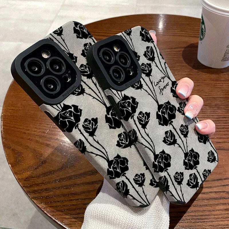 KIMLUD, Fashion Sheepskin Retro Rose Pattern Phone Case For iPhone 11 12 13 14 Pro Max 14Plus 7 8 Plus X XS Max XR Leather Back Cover, KIMLUD Womens Clothes