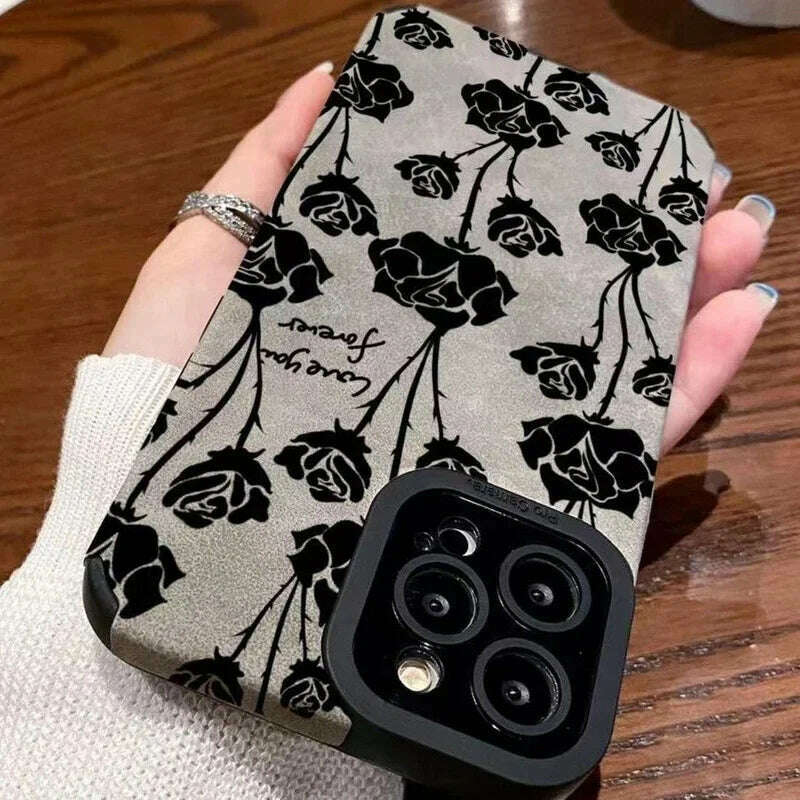 KIMLUD, Fashion Sheepskin Retro Rose Pattern Phone Case For iPhone 11 12 13 14 Pro Max 14Plus 7 8 Plus X XS Max XR Leather Back Cover, KIMLUD Womens Clothes