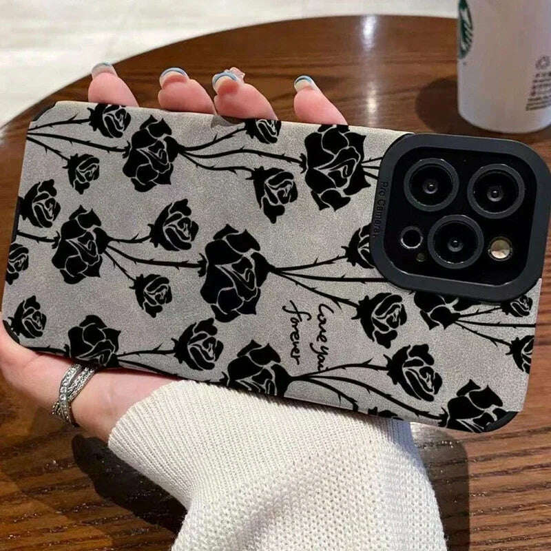 KIMLUD, Fashion Sheepskin Retro Rose Pattern Phone Case For iPhone 11 12 13 14 Pro Max 14Plus 7 8 Plus X XS Max XR Leather Back Cover, KIMLUD Womens Clothes