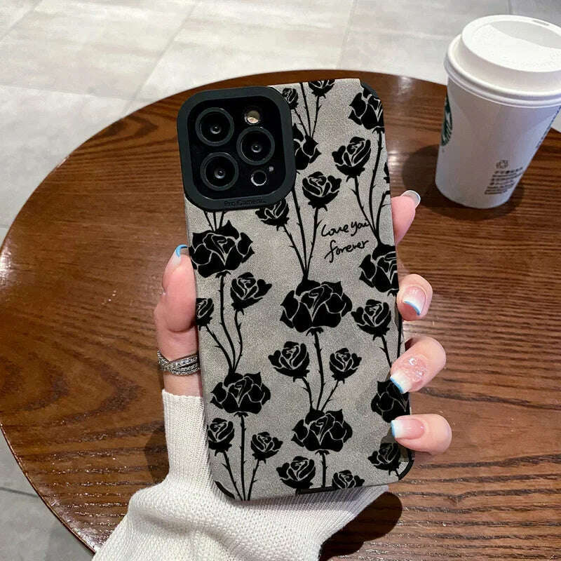 KIMLUD, Fashion Sheepskin Retro Rose Pattern Phone Case For iPhone 11 12 13 14 Pro Max 14Plus 7 8 Plus X XS Max XR Leather Back Cover, Rose / for iphone12ProMax(6.7"), KIMLUD APPAREL - Womens Clothes
