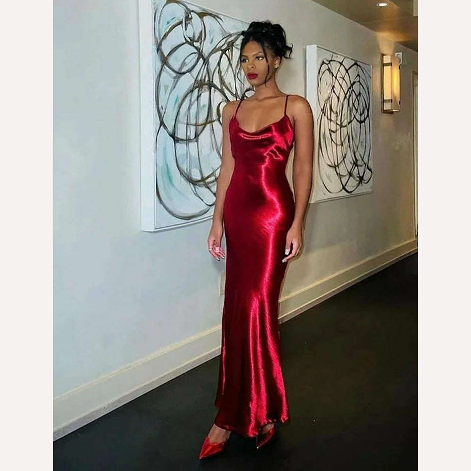 KIMLUD, Fashion Shinning Bodycon Red Sling Maxi Dress Fashion Sleeveless Backless Pleat Robe 2024 Female Sexy Evening Party Vestidos, KIMLUD Womens Clothes