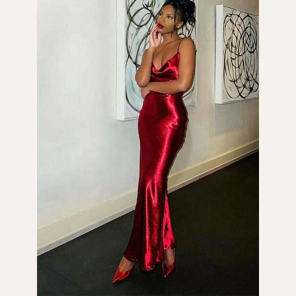 KIMLUD, Fashion Shinning Bodycon Red Sling Maxi Dress Fashion Sleeveless Backless Pleat Robe 2024 Female Sexy Evening Party Vestidos, KIMLUD Womens Clothes