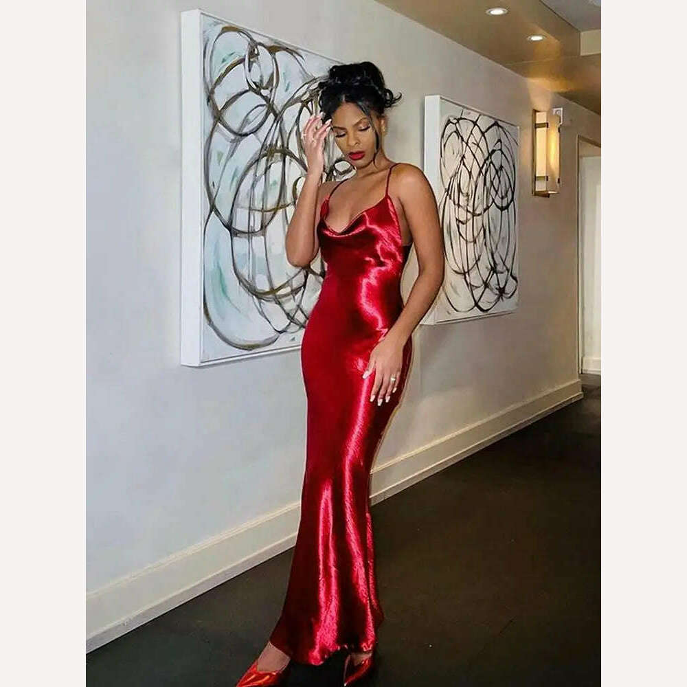 KIMLUD, Fashion Shinning Bodycon Red Sling Maxi Dress Fashion Sleeveless Backless Pleat Robe 2024 Female Sexy Evening Party Vestidos, Red / XS, KIMLUD APPAREL - Womens Clothes