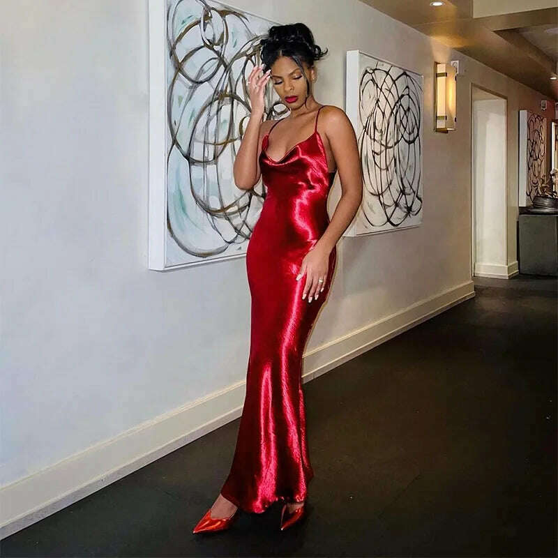 KIMLUD, Fashion Shinning Bodycon Red Sling Maxi Dress Fashion Sleeveless Backless Pleat Robe 2024 Female Sexy Evening Party Vestidos, KIMLUD Womens Clothes