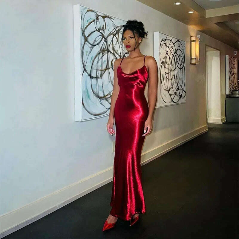 KIMLUD, Fashion Shinning Bodycon Red Sling Maxi Dress Fashion Sleeveless Backless Pleat Robe 2024 Female Sexy Evening Party Vestidos, KIMLUD Womens Clothes