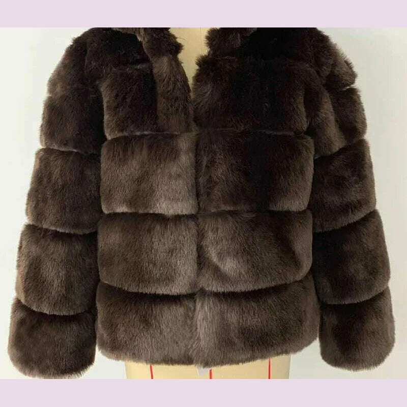 KIMLUD, Fashion Short Women Fur Jacket Thickened Warm Slim Faux Fur Coat Elegant Quilted Fox Fur Coats Winter Y2K Vintage Padded Jacket, Dark Brown Fur / L, KIMLUD APPAREL - Womens Clothes