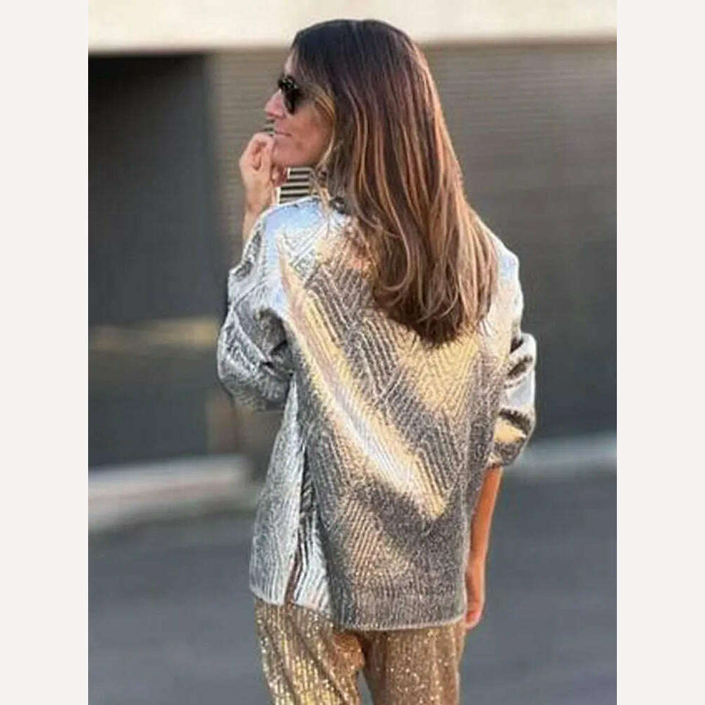 KIMLUD, Fashion Silver High Collar Women's Jersey Sweater Casual Loose Cuff Sleeved Pullover Tops 2023 Autumn Female Elegant Streetwear, KIMLUD Womens Clothes