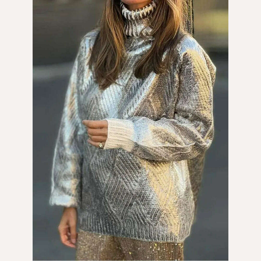 KIMLUD, Fashion Silver High Collar Women's Jersey Sweater Casual Loose Cuff Sleeved Pullover Tops 2023 Autumn Female Elegant Streetwear, KIMLUD Womens Clothes