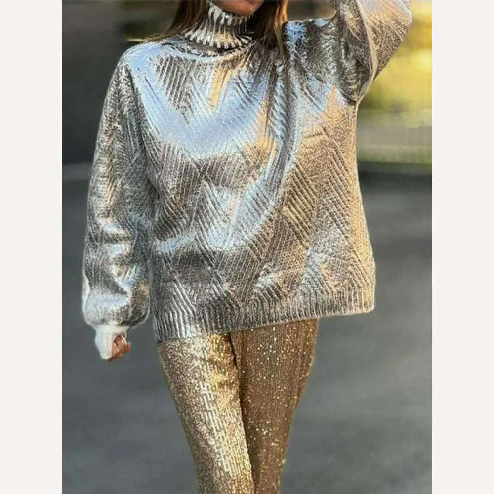 KIMLUD, Fashion Silver High Collar Women's Jersey Sweater Casual Loose Cuff Sleeved Pullover Tops 2023 Autumn Female Elegant Streetwear, KIMLUD Womens Clothes