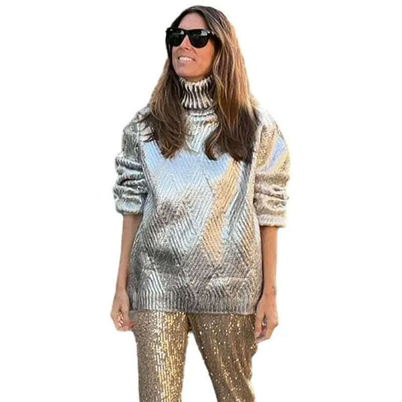 KIMLUD, Fashion Silver High Collar Women's Jersey Sweater Casual Loose Cuff Sleeved Pullover Tops 2023 Autumn Female Elegant Streetwear, Silver / S, KIMLUD APPAREL - Womens Clothes