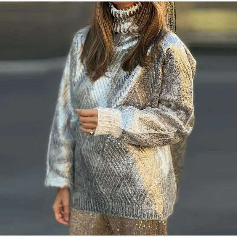 KIMLUD, Fashion Silver High Collar Women's Jersey Sweater Casual Loose Cuff Sleeved Pullover Tops 2023 Autumn Female Elegant Streetwear, KIMLUD Womens Clothes
