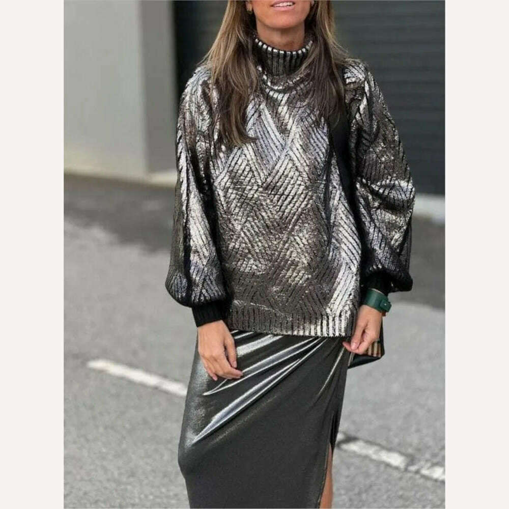 KIMLUD, Fashion Silver High Collar Women's Jersey Sweater Casual Loose Cuff Sleeved Pullover Tops 2023 Autumn Female Elegant Streetwear, KIMLUD Womens Clothes