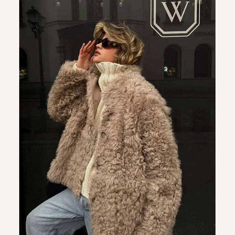 KIMLUD, Fashion Single Breasted Faux Fur Coat Women 2023 Winter New Thickened Warm Oversized Plush Jackets Female Loose Street Overcoat, KIMLUD Womens Clothes