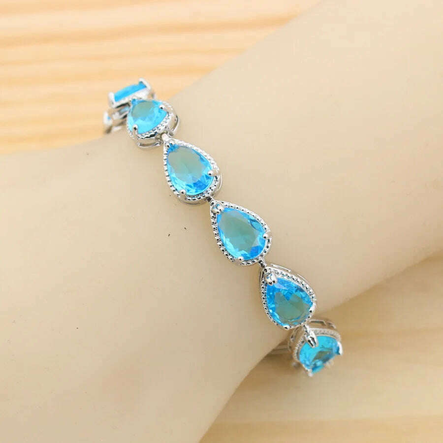 KIMLUD, Fashion Sky Blue Water Drop Zirconia 925 Silver Jewelry Sets for Women Earrings Necklace Pendant Ring Bracelet Wedding Gift, KIMLUD Womens Clothes