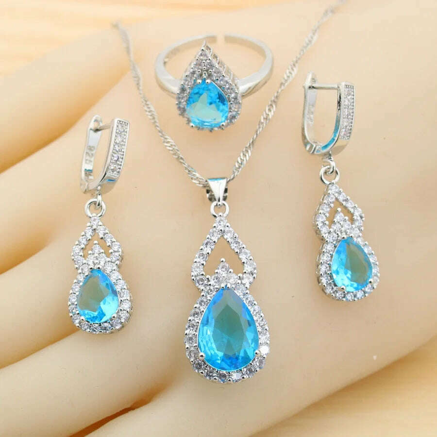 KIMLUD, Fashion Sky Blue Water Drop Zirconia 925 Silver Jewelry Sets for Women Earrings Necklace Pendant Ring Bracelet Wedding Gift, Sky Blue 3pcs Set, KIMLUD APPAREL - Womens Clothes