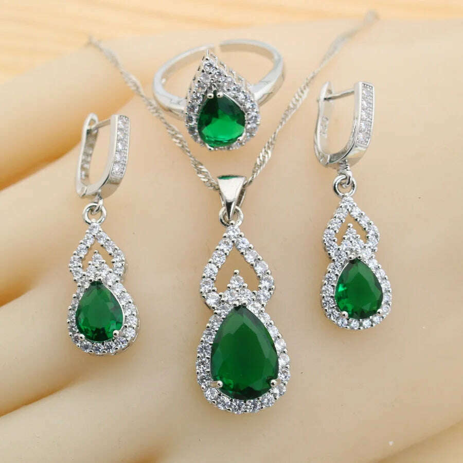 KIMLUD, Fashion Sky Blue Water Drop Zirconia 925 Silver Jewelry Sets for Women Earrings Necklace Pendant Ring Bracelet Wedding Gift, Green 3Pcs Set, KIMLUD APPAREL - Womens Clothes