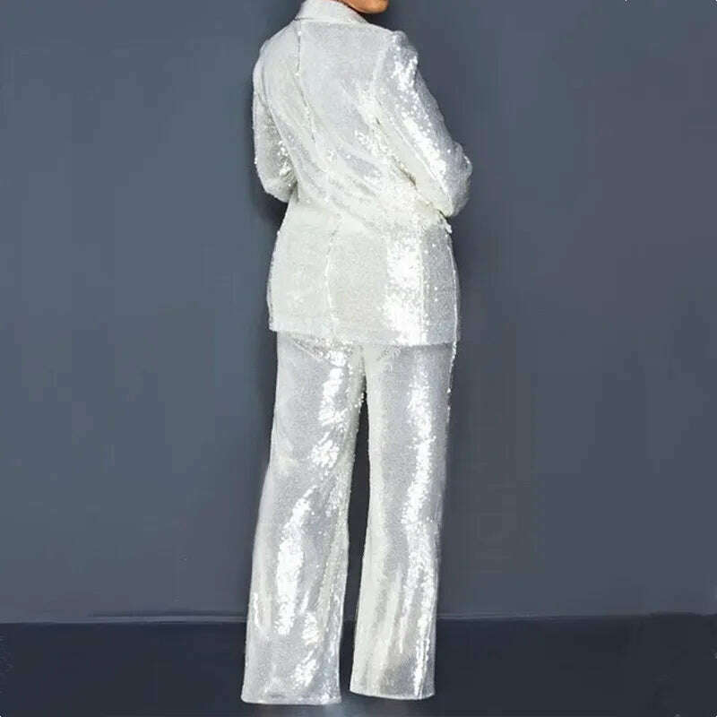 Fashion Solid Women 2 Pieces Sets Blazer Pant Suits Spring 2023 Long Sleeve Sequins Blazer Coat High Waist Wide Leg Pants Female - KIMLUD