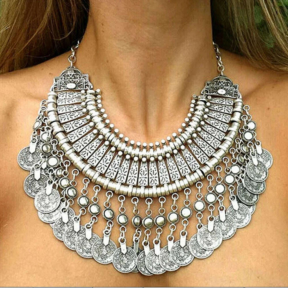 Fashion Statement Choker Neck Jewelry Vintage Coin Chunky Bib Necklace for Women Engagement Party 2 Colors - KIMLUD