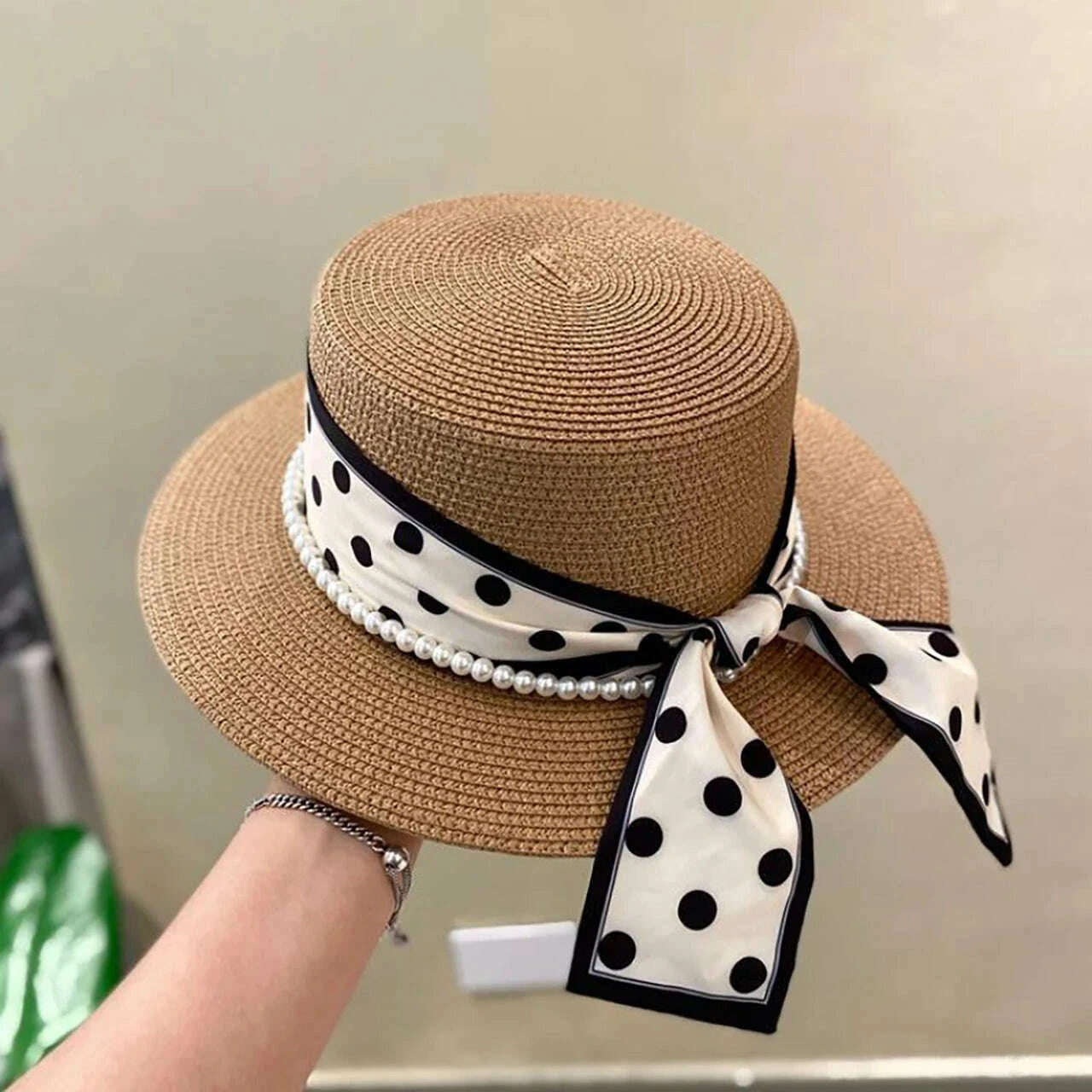 Fashion Straw Hat for Women Dot Ribbon Pearl Summer Wide Brim Sunshade Dome Basin Hats Franch Lady Elegant Travel Beach Sun Cap