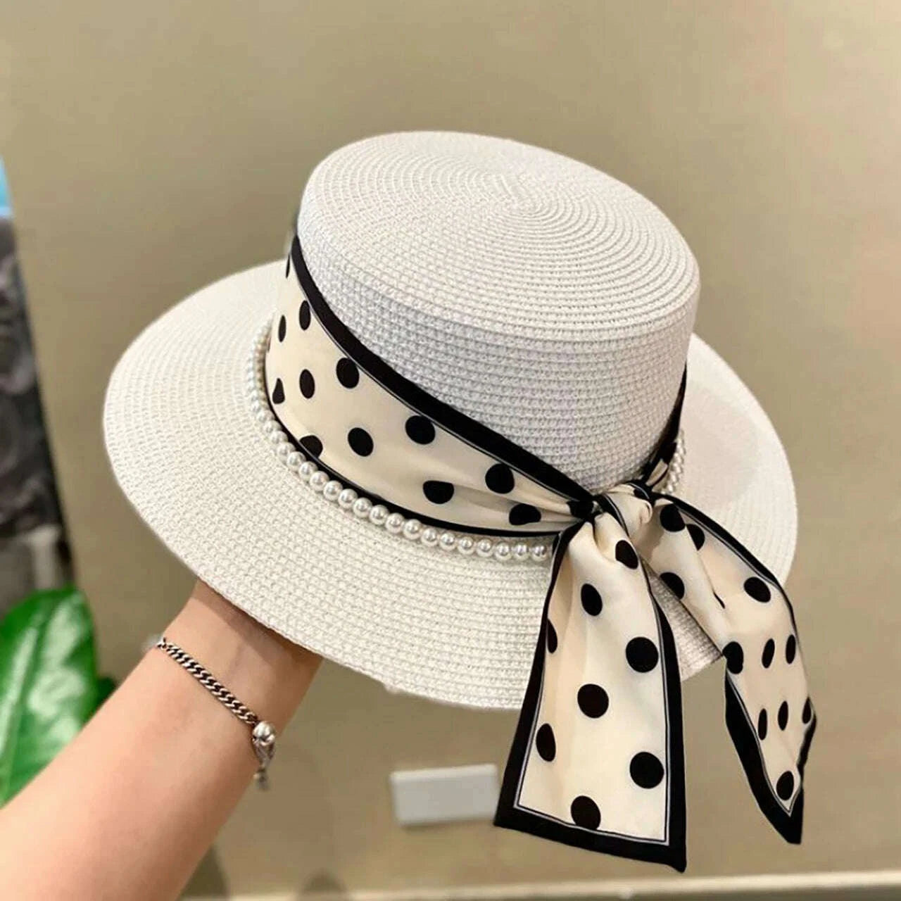 Fashion Straw Hat for Women Dot Ribbon Pearl Summer Wide Brim Sunshade Dome Basin Hats Franch Lady Elegant Travel Beach Sun Cap