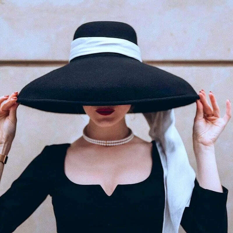 fashion streetstyle black wide brim wool bucket hat female vintage big hat for women looks like Audrey Hepburn - KIMLUD