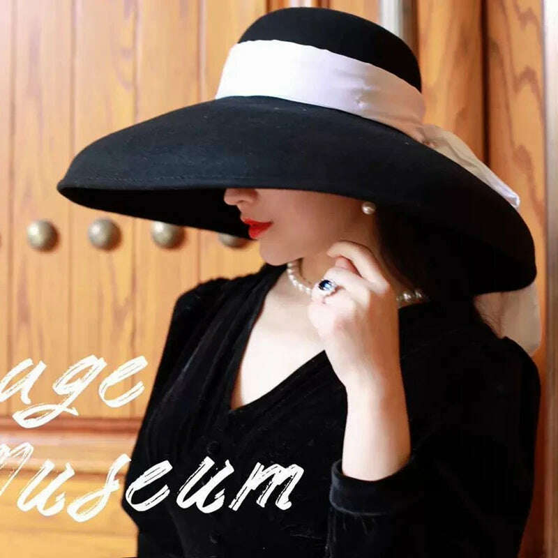 fashion streetstyle black wide brim wool bucket hat female vintage big hat for women looks like Audrey Hepburn - KIMLUD