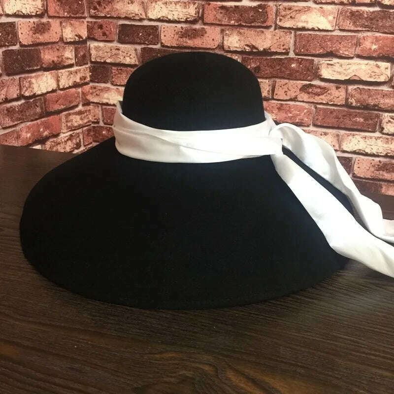 fashion streetstyle black wide brim wool bucket hat female vintage big hat for women looks like Audrey Hepburn - KIMLUD