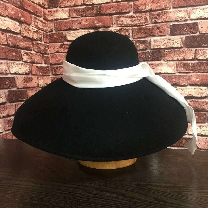 fashion streetstyle black wide brim wool bucket hat female vintage big hat for women looks like Audrey Hepburn - KIMLUD