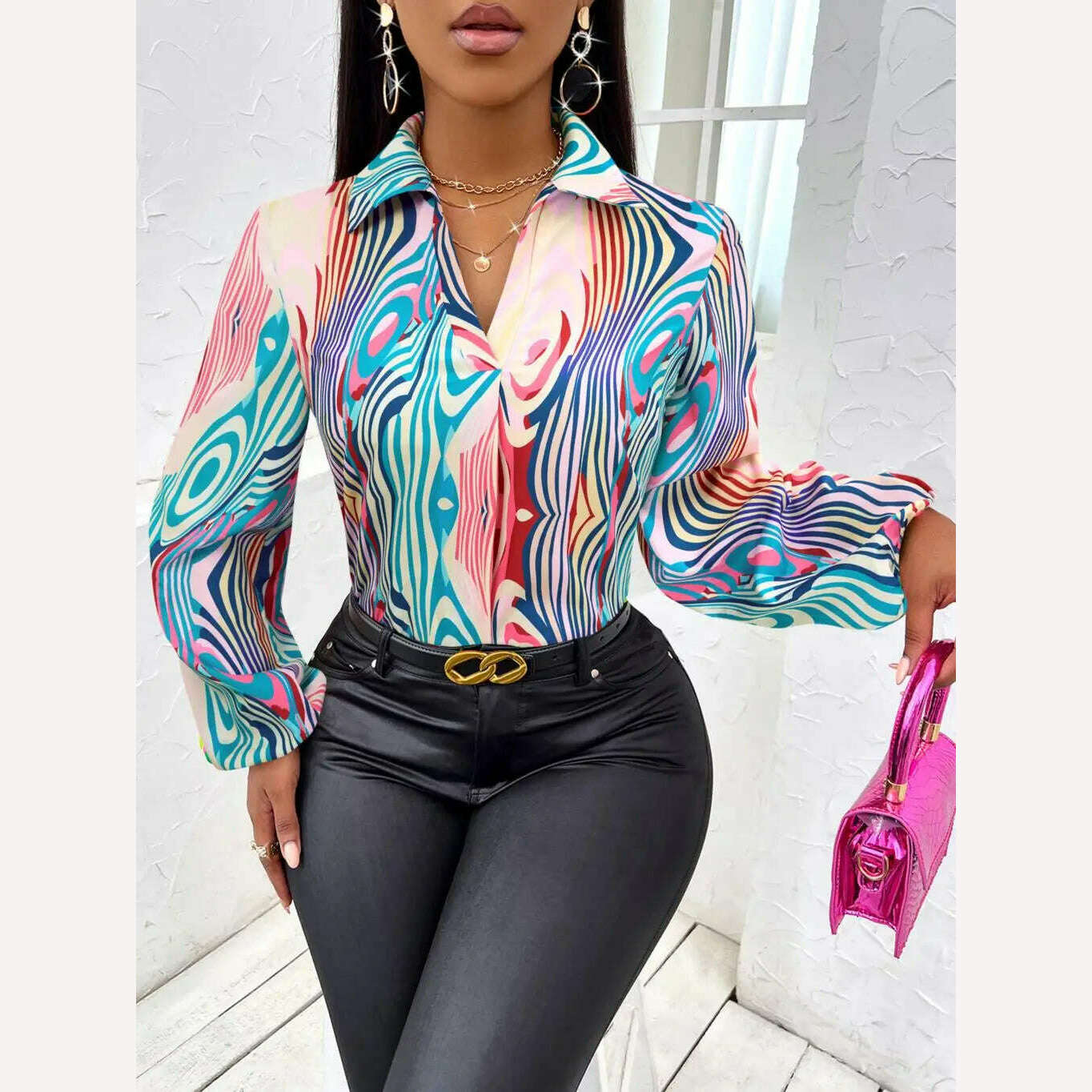 KIMLUD, Fashion striped Print Shirts For Women 2024 Casual pullover Lantern Sleeve Blouse Female Elegant Loose Shirts Top new, KIMLUD Womens Clothes