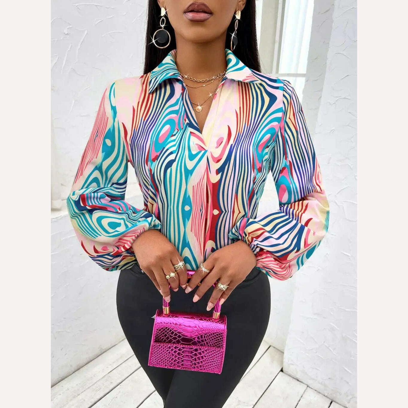 KIMLUD, Fashion striped Print Shirts For Women 2024 Casual pullover Lantern Sleeve Blouse Female Elegant Loose Shirts Top new, KIMLUD Womens Clothes