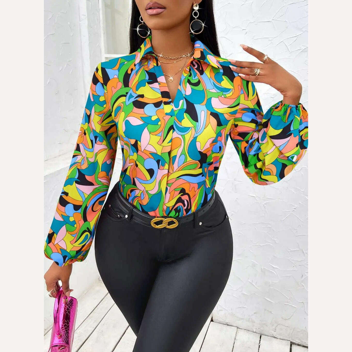 KIMLUD, Fashion striped Print Shirts For Women 2024 Casual pullover Lantern Sleeve Blouse Female Elegant Loose Shirts Top new, KIMLUD Womens Clothes