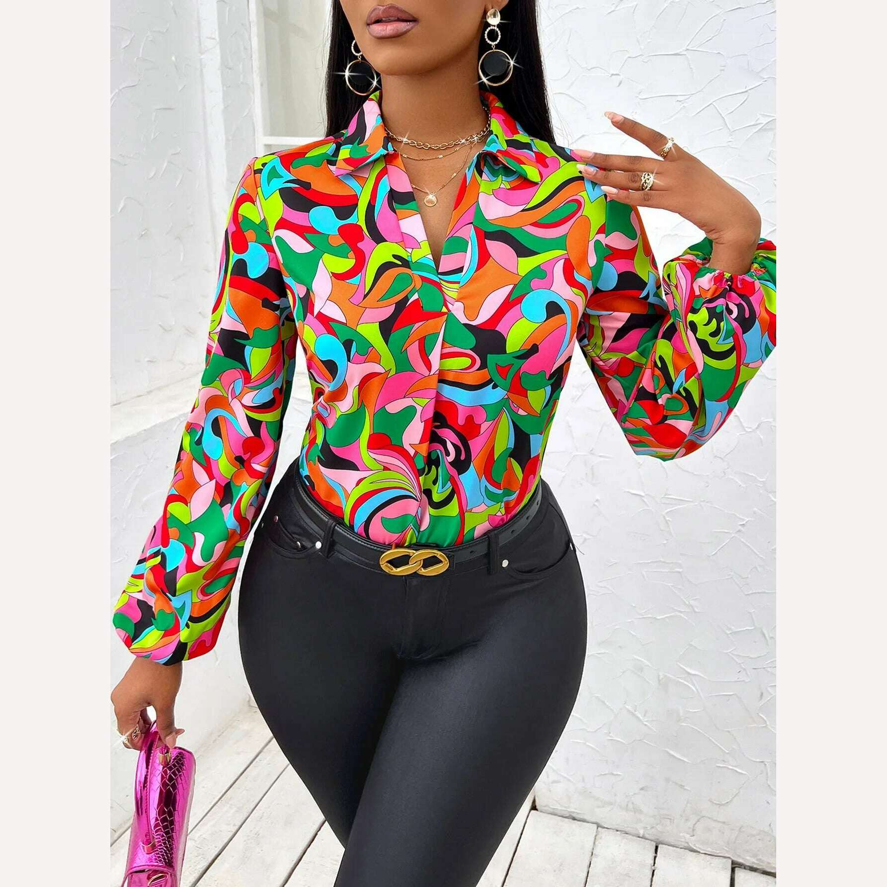KIMLUD, Fashion striped Print Shirts For Women 2024 Casual pullover Lantern Sleeve Blouse Female Elegant Loose Shirts Top new, Rose Red / XL, KIMLUD APPAREL - Womens Clothes