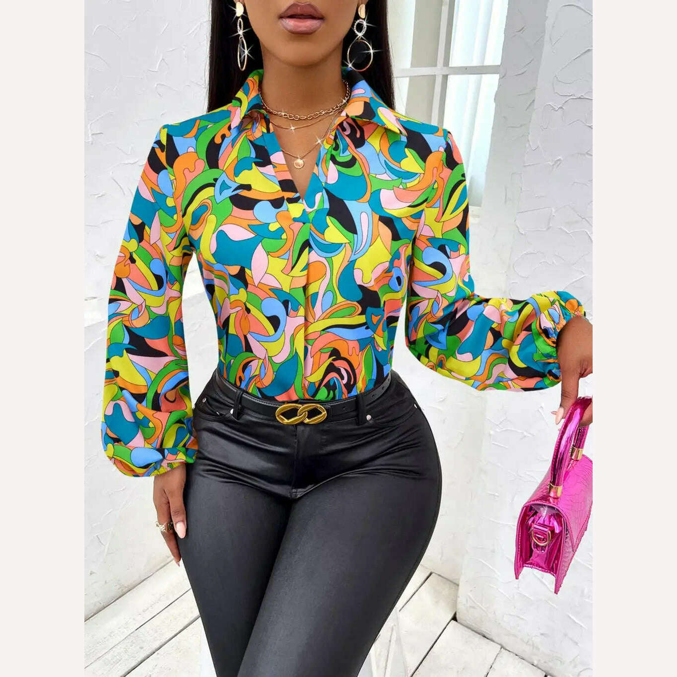 KIMLUD, Fashion striped Print Shirts For Women 2024 Casual pullover Lantern Sleeve Blouse Female Elegant Loose Shirts Top new, Yellow / XXL, KIMLUD APPAREL - Womens Clothes