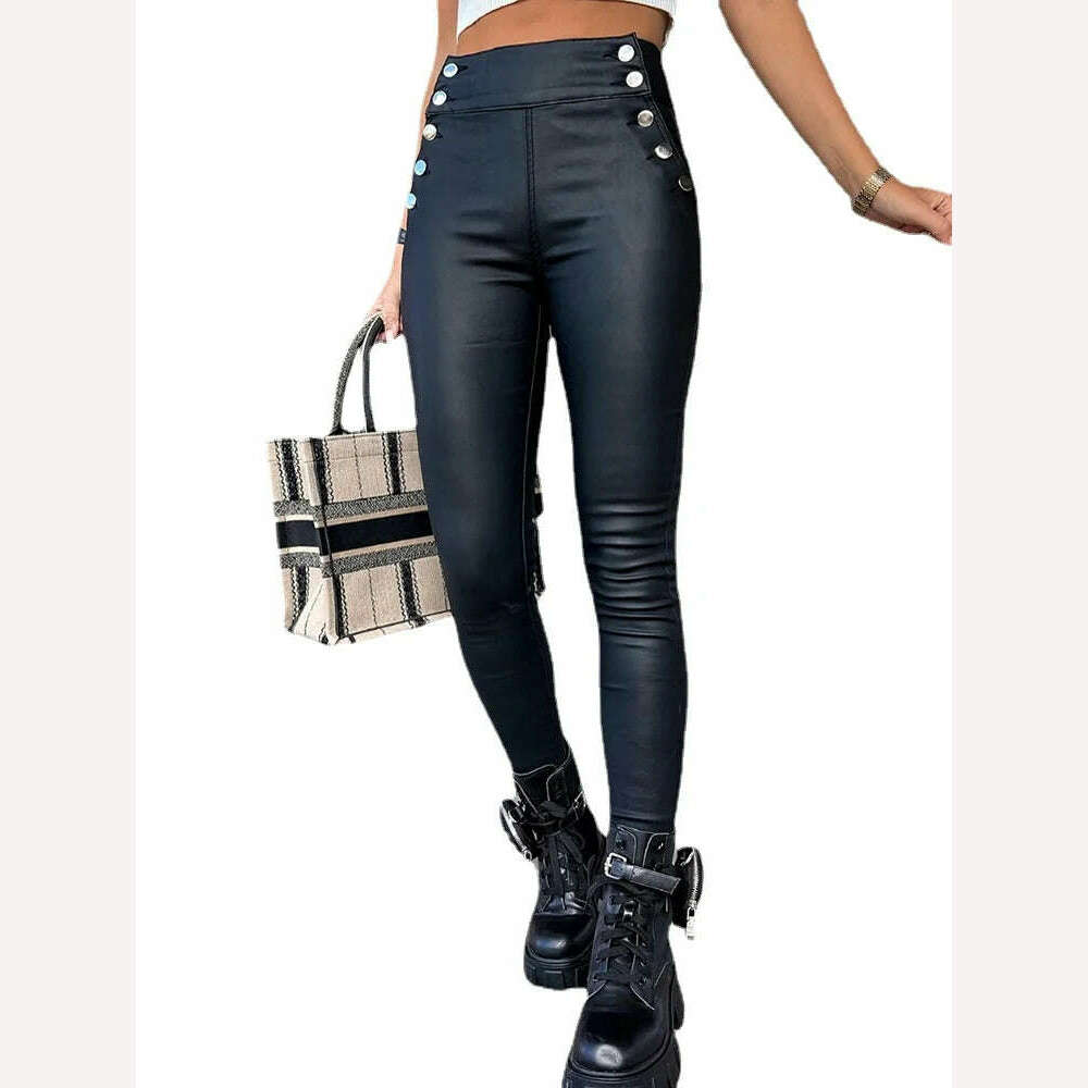 KIMLUD, Fashion Studded Decor Pocket Sexy Women PU Leather Pencil Pants, Black / S, KIMLUD APPAREL - Womens Clothes