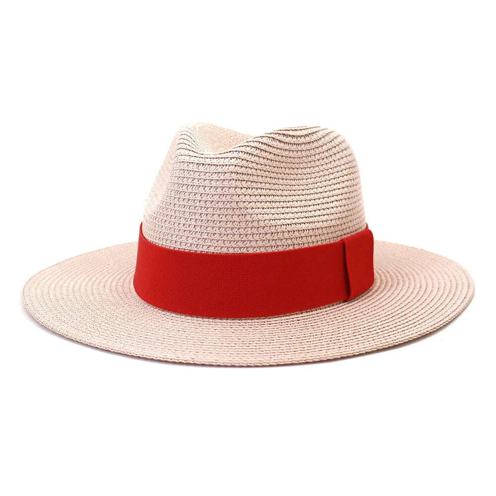 Fashion Summer Casual Unisex Beach Wide Brim Jazz Sun Hat Panama Hat Paper Straw Women Men Cap with Red Ribbon