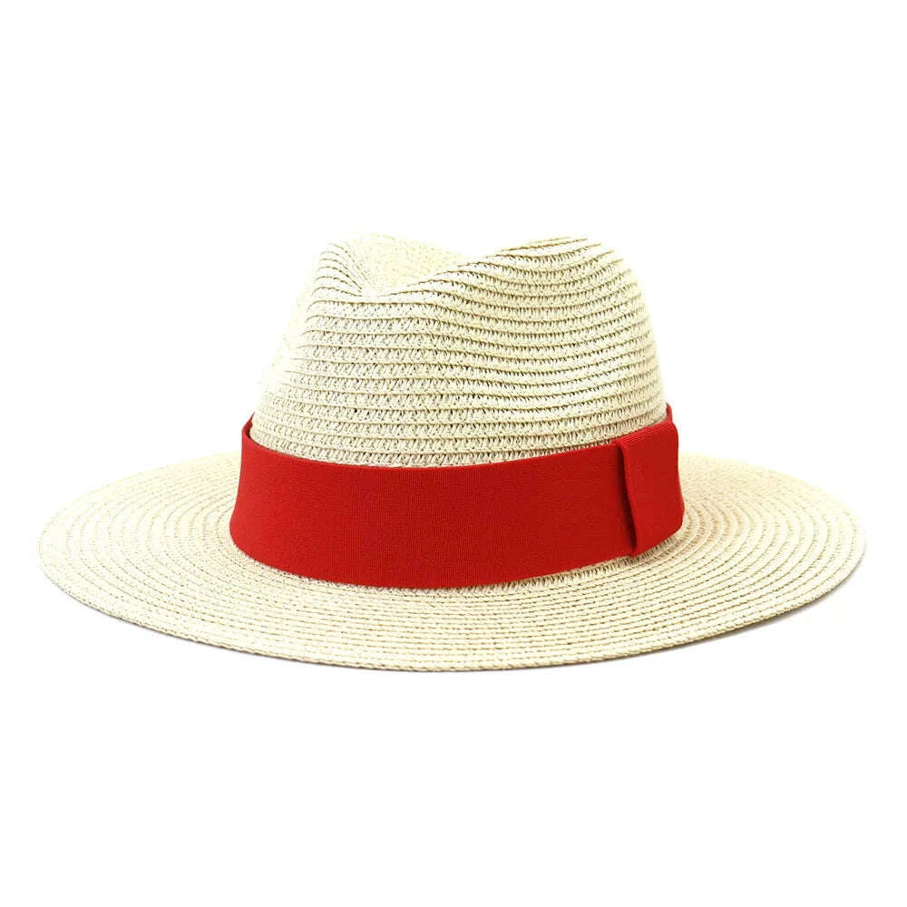 Fashion Summer Casual Unisex Beach Wide Brim Jazz Sun Hat Panama Hat Paper Straw Women Men Cap with Red Ribbon